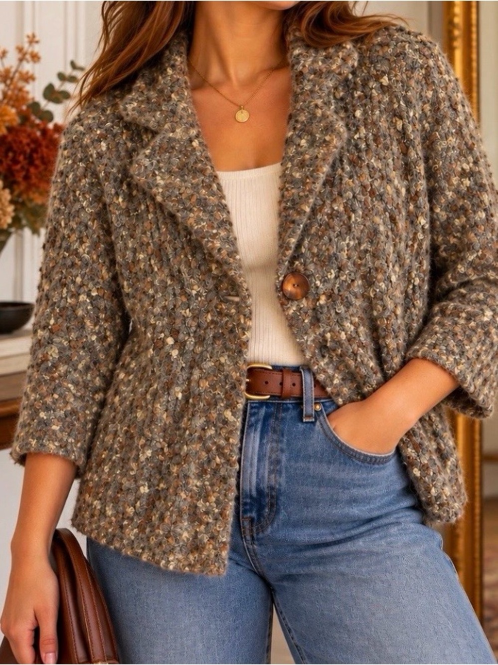 Susan Bristol Gray Bouclé Teddy Jacket with Tan Flecks
